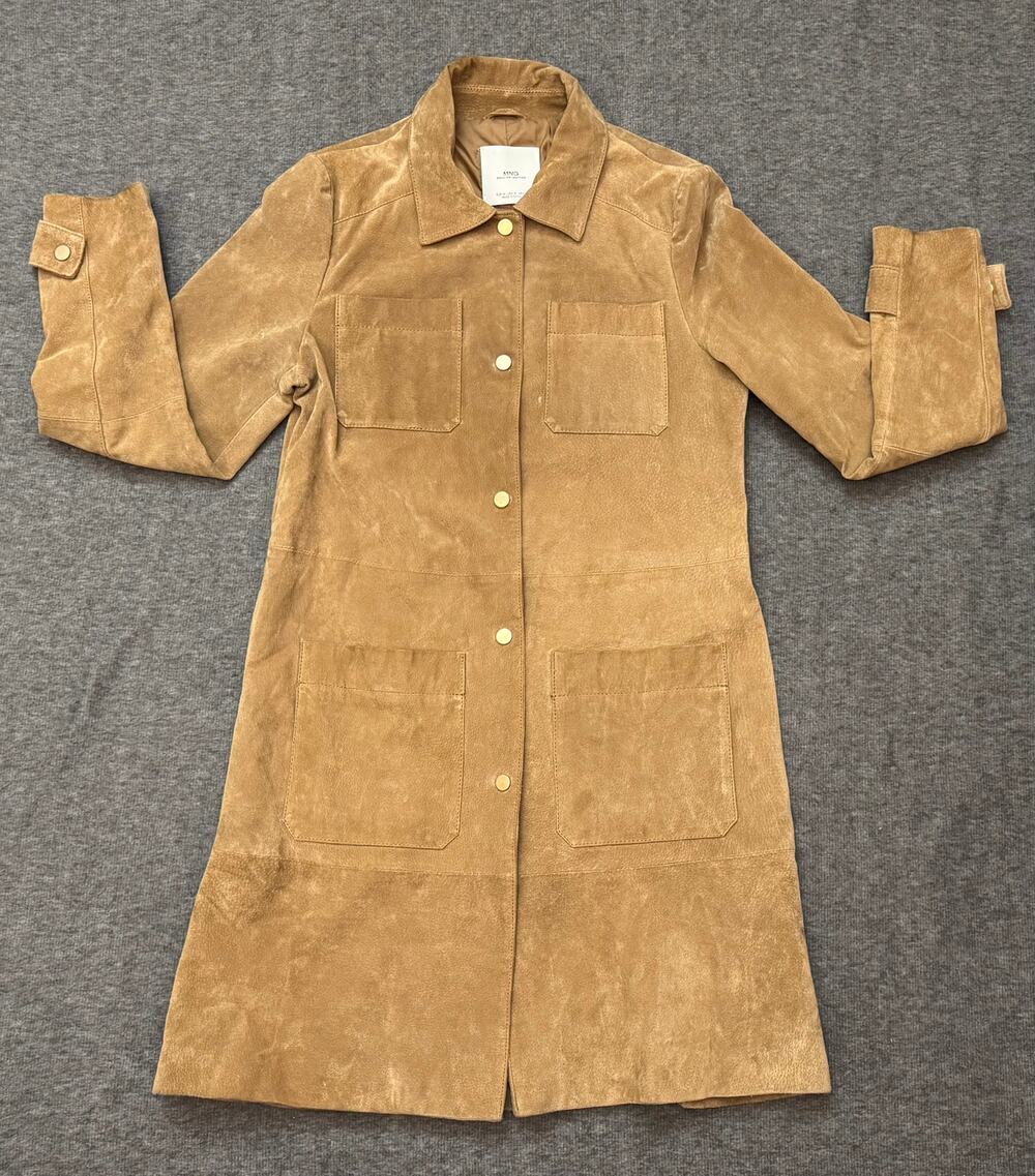 MNG Genuine Pigskin Leather Suede Long Tan Jacket Coat Size S